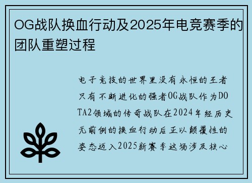 OG战队换血行动及2025年电竞赛季的团队重塑过程